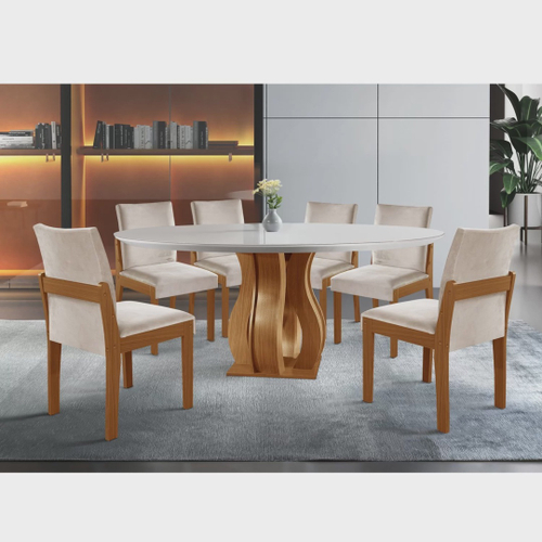 Conjunto de Mesa de Jantar com 6 Cadeiras Estofadas Maia I Veludo Off White  e Creme na Americanas Empresas