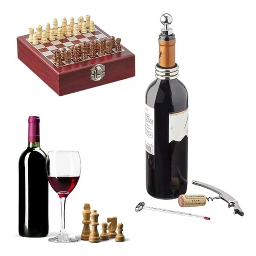 Kit 2 Em 1 Acessórios Vinho Wine Xadrez Presente Sofisticado