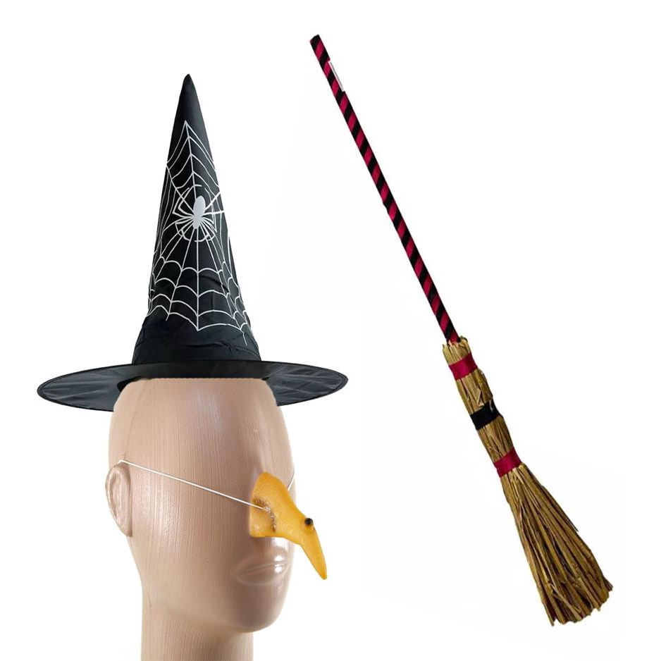 Kit Fantasia Bruxa Vassoura Chapéu Acessório Festa Halloween - DHS