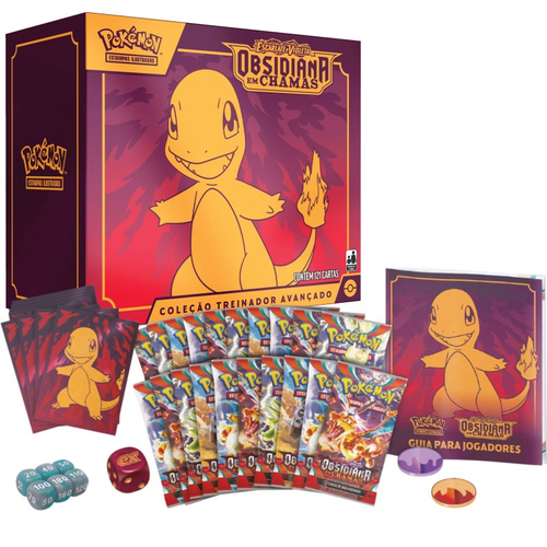 Box Elite Pokémon Escarlate e Violeta Obsidiana em Chamas Charmander Coleção Treinador Avançado Copag Booster Cards Cartas em português