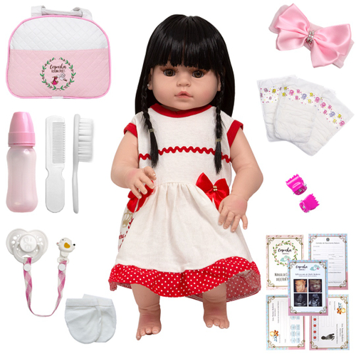 Boneca Bebe Reborn Fofinha Morena Com Bolsa Kit Acessórios em