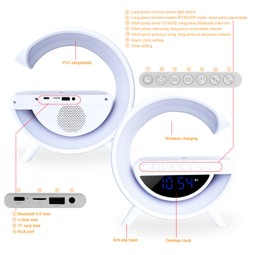 G SPEAKER 4 em 1 Luminária RGB Caixa de Som Bluetooth Carregador Sem fio  por Indução 15W Relógio Despertador Smart Station Bivolt