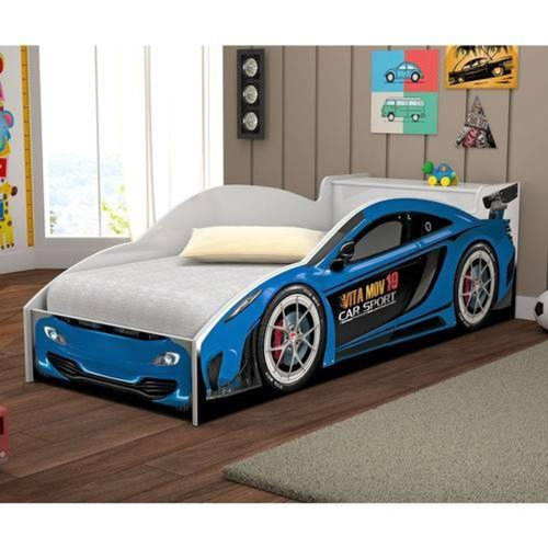 Cama Infantil com Grade de Proteção 100% MDF 49x75x153 cm Carro Drift Azul  - J & A Móveis