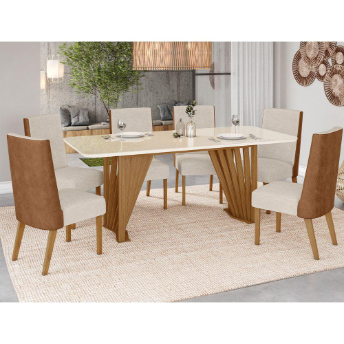 Conjunto de Mesa de Jantar com 6 Cadeiras Estofadas Maia I Veludo Off White  e Creme na Americanas Empresas