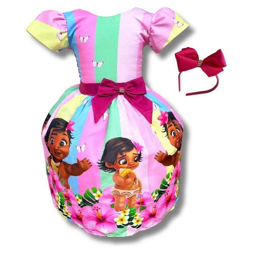 Vestido Infantil Moana Baby Rosa Temático Aniversário Rodado