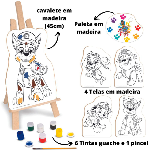 Kit Pintura Patrulha Canina com Cavalete Tintas e Tela Infantil