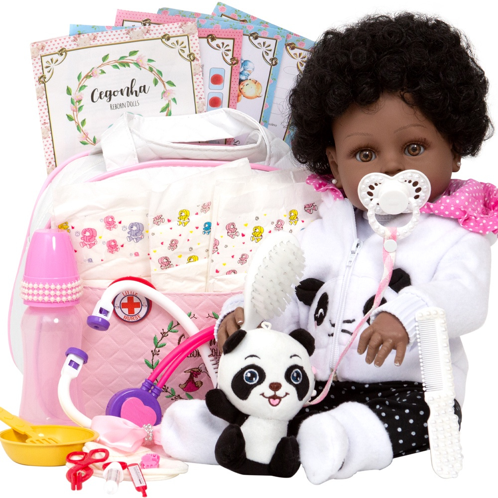 Bebe Reborn Panda Morena Cabelo Cacheado Fofa Pode Dar Banho em Promoção na  Americanas