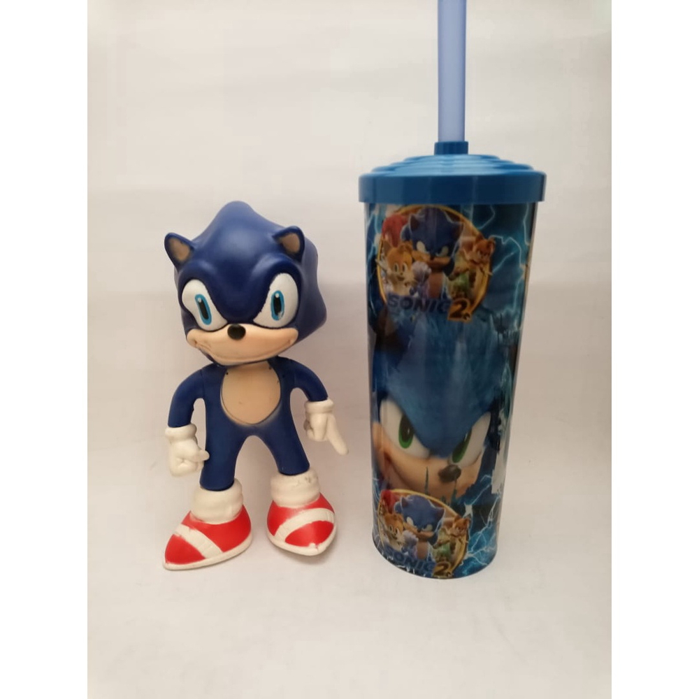 Boneco sonic vermelho 15cm com copo e canudo