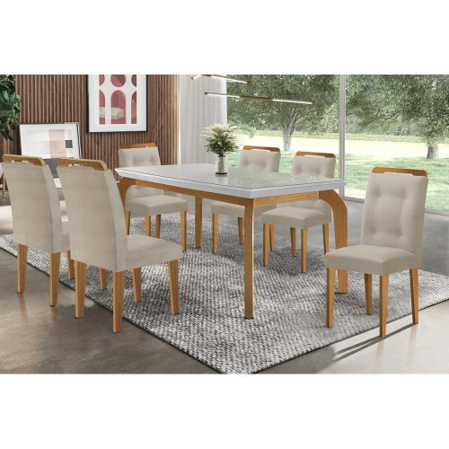 Conjunto de Mesa de Jantar com 6 Cadeiras Lívia Linho Off White e Turim 200  cm