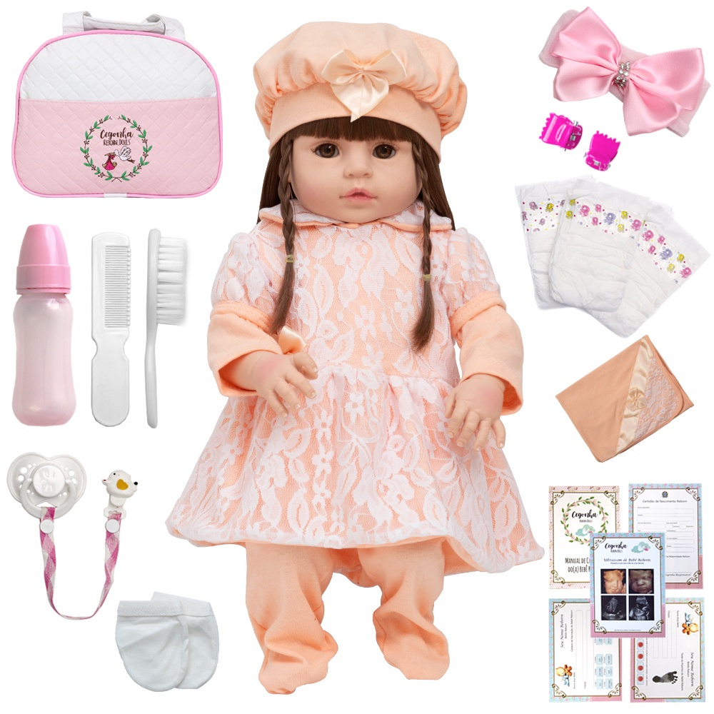 Boneca Bebe Reborn Realista Menina com Roupa Salmão e Itens no Shoptime