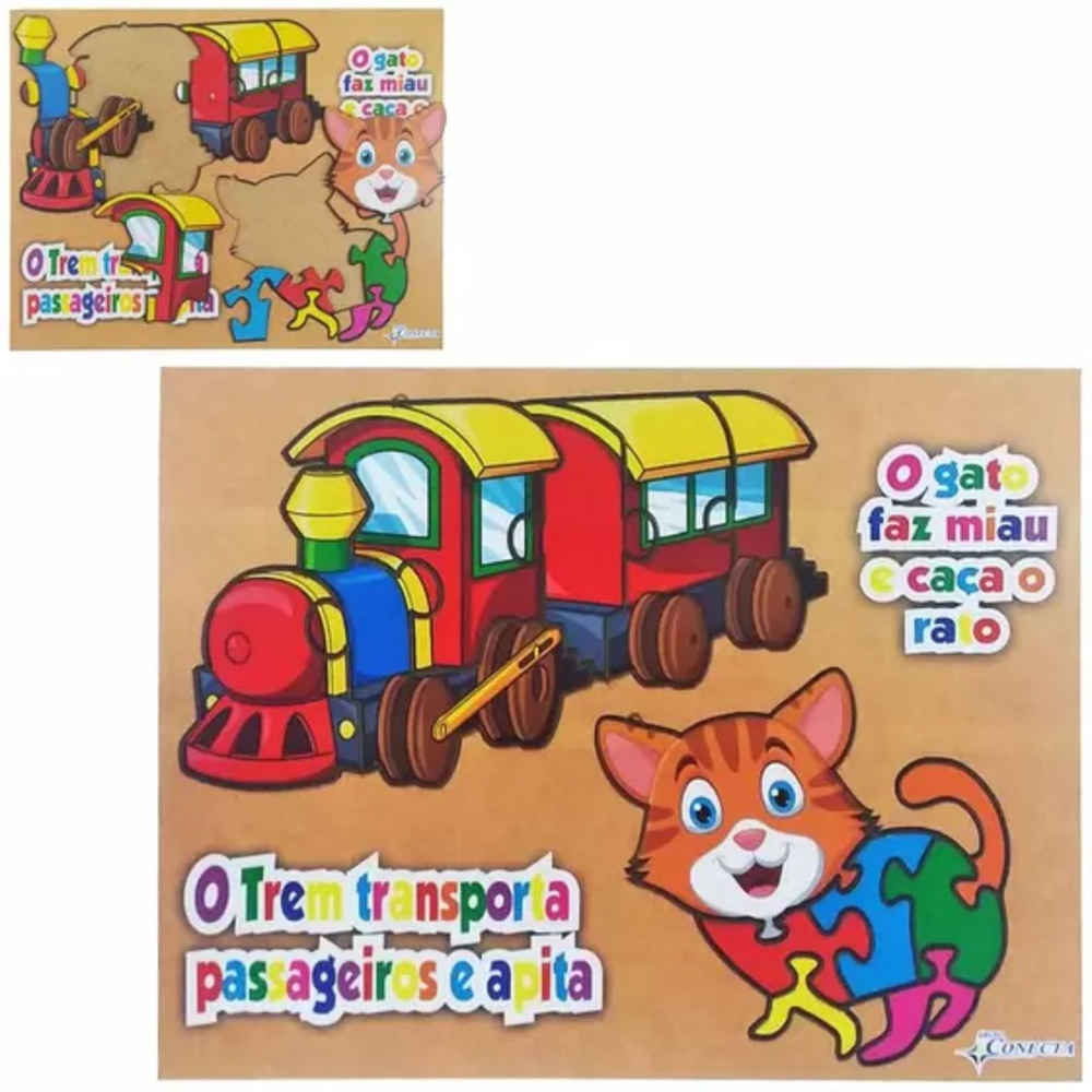 Tabuleiro didático jogo de encaixe trem E gato de madeira mdf 13 pecas em  Promoção na Americanas