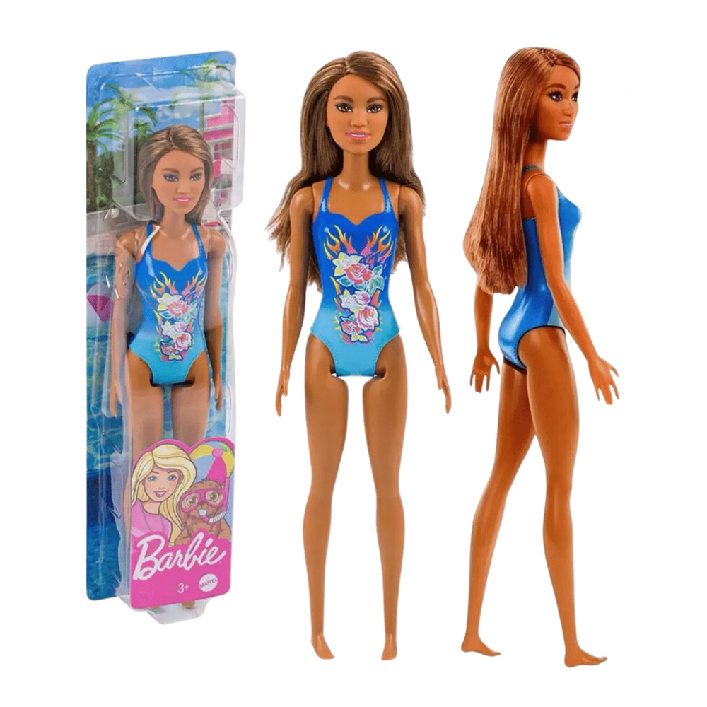 Boneca Barbie Morena Roupa de Praia Maiô Azul Original Mattel