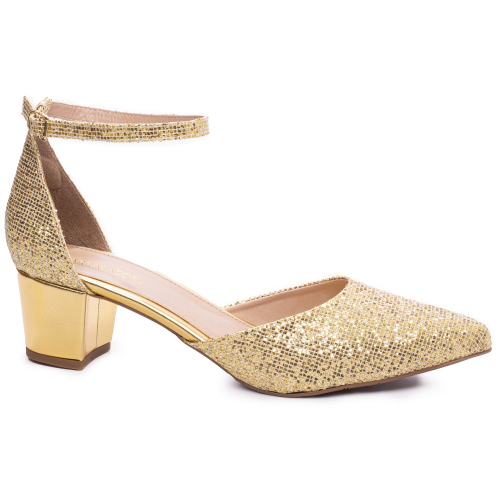 Scarpin salto baixo fashion dourado