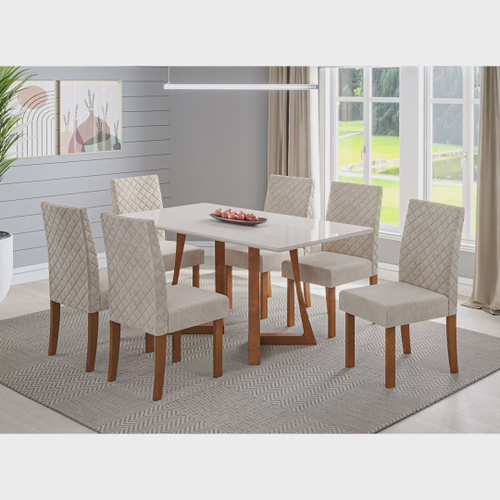 Conjunto de Mesa de Jantar com 6 Cadeiras Estofadas Maia I Veludo Off White  e Creme na Americanas Empresas