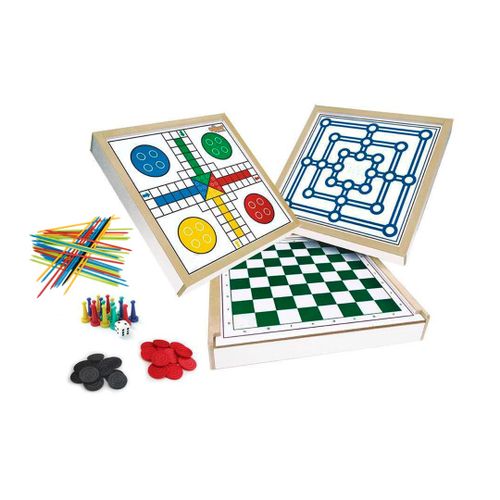 Kit 5 Jogos ( Dama E Trilha + Xadrez + Ludo + Cubo + Domino)