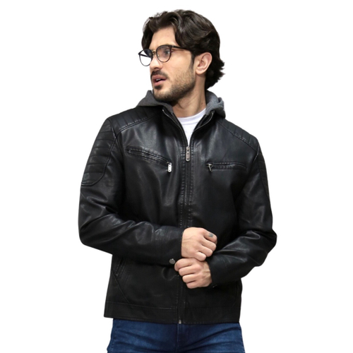 Jaqueta Masculina de Couro Com Capuz de Moletom Embutido em