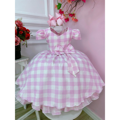 Vestido Infantil Barbie Rosa Branco Xadrez Filme Look Festa