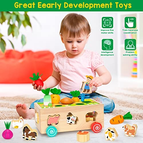 Brinquedos Montessori infantis para meninos e meninas de 2,3 anos,  brinquedos educativos de forma de madeira com legumes & blocos de animais  de fazenda, jogo de habilidades motoras finas, presente ideal para