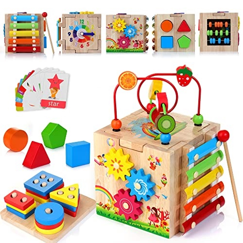 Hellowood Wooden Kids Baby Activity Cube 8 em 1 Brinquedos