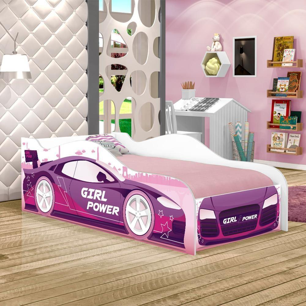 Cama Infantil Carro de Corrida Menina Rosa com Colchão