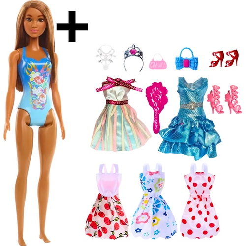 Kit Boneca Barbie Moda Praia + 5 Roupas E Acessórios Mattel