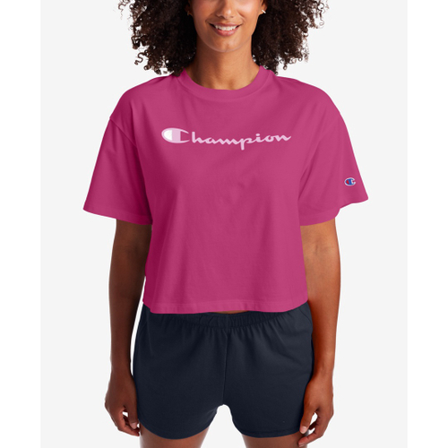 Camiseta recortada com logotipo feminino Champion rosa taman em