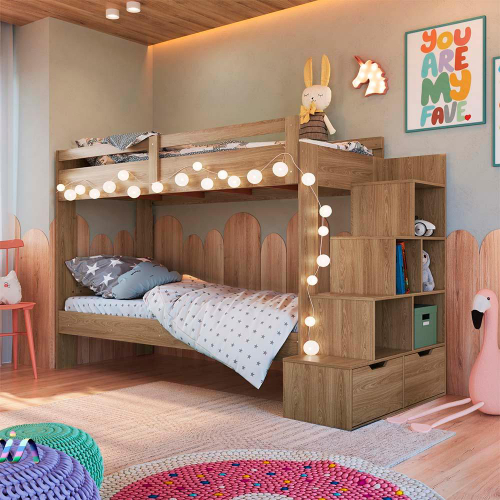 Cama Beliche Infantil Solteiro Com 05 Nichos Aveiro oak Gunnar