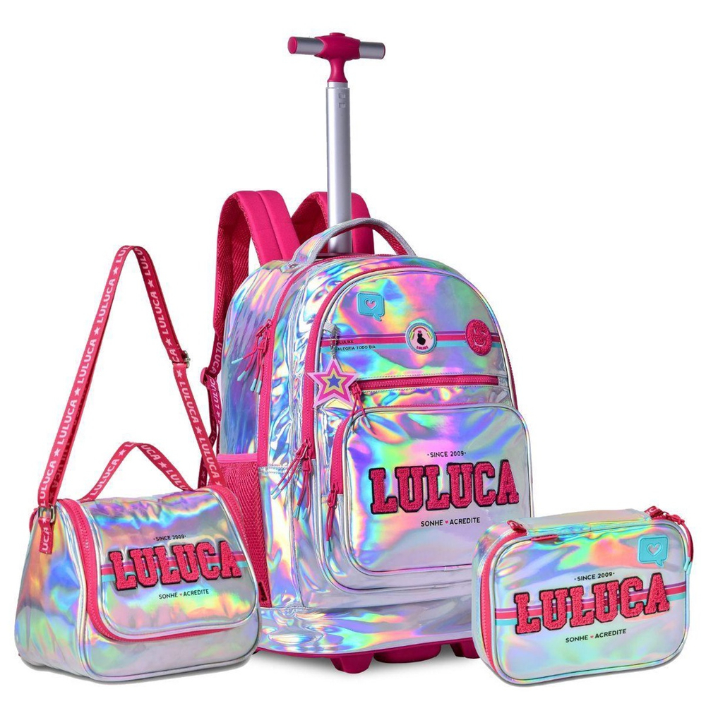 Comprar Conjunto Mochila Escolar holográfica Luluca + Estojo + Lancheira -  Brinquedos Para Crianças