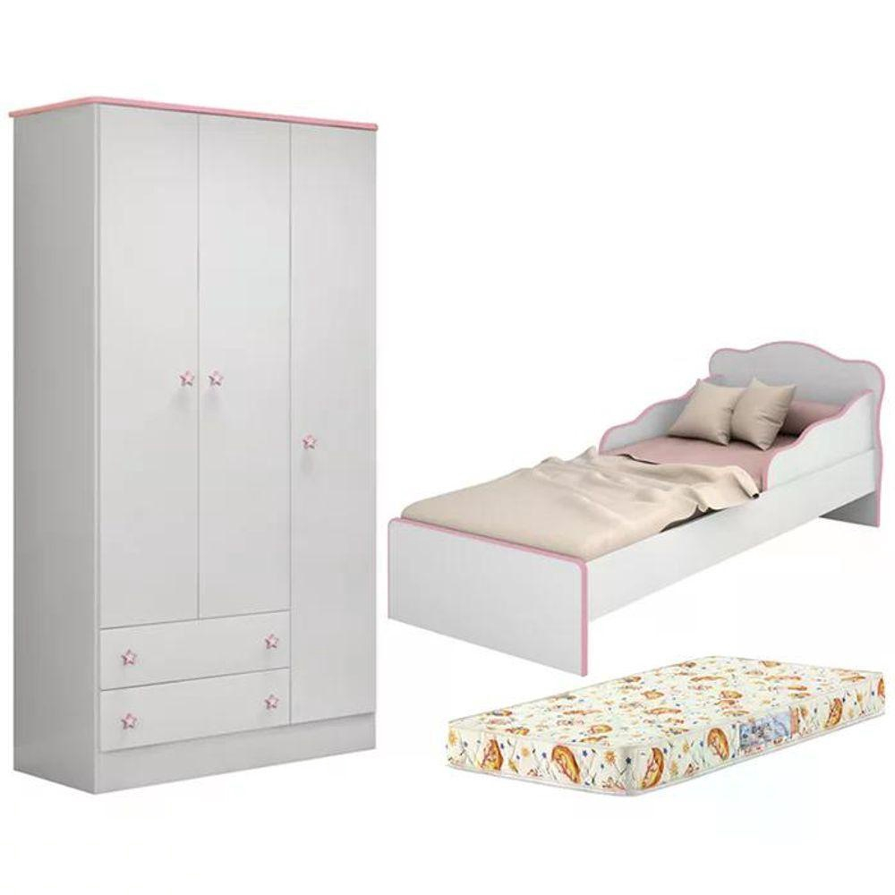 Mini cama Juvenil Infantil Gatinho Branca/Rosa Com Colchão - Móveis Bela