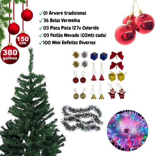 Árvore Natal Branca Decorada 1,20M 65 Enfeites Pisca 220V na