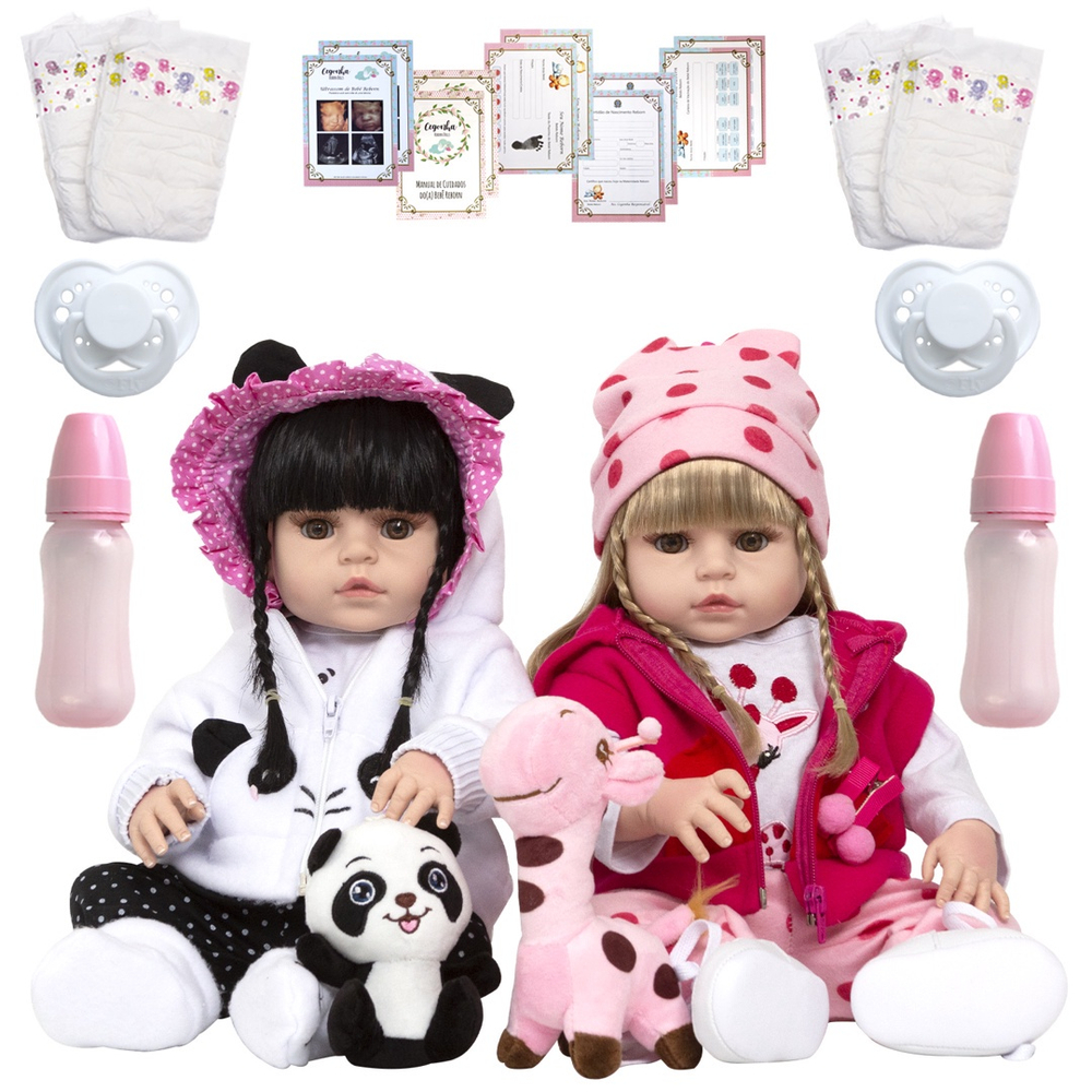 Bebe Reborn Gêmeos Casal Pandinha Girafinha Baby Com Itens no Shoptime