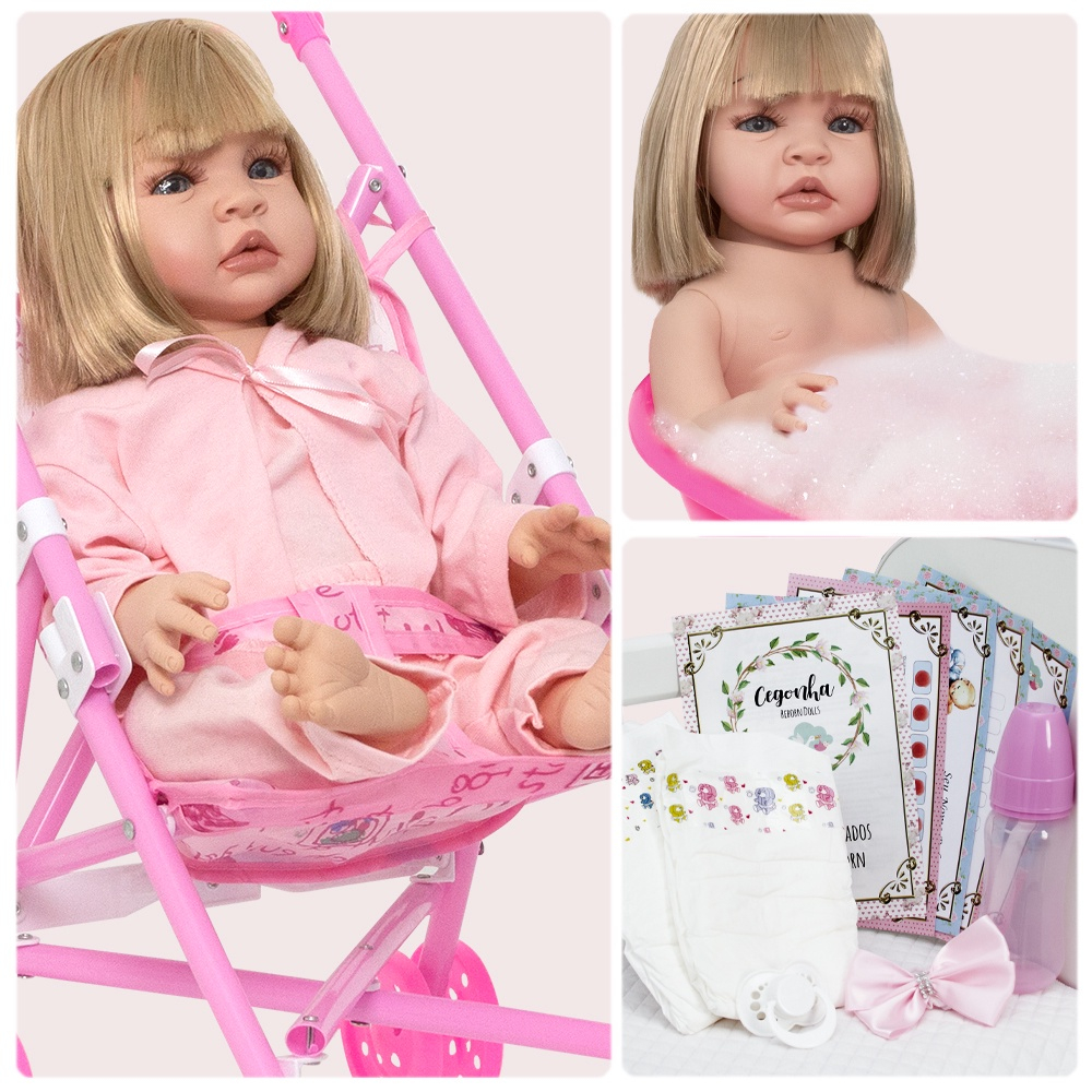 Bebe Reborn de Silicone Menina Loira Pijama Com Carrinho no Shoptime