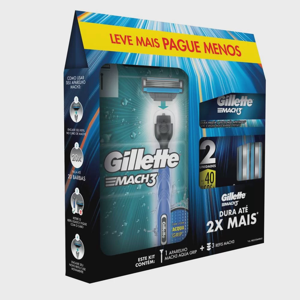 Kit aparelho de barbear gillette MACH3 aqua grip regular + 3