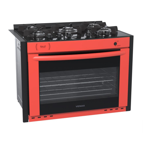 Fogão 5 Bocas de Embutir Venax Gaudi Prisma Vitreo Vermelho Mesa em Vidro - 220v