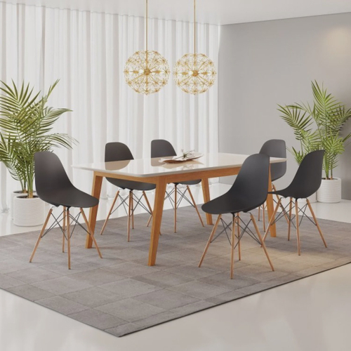 Conjunto Mesa de Jantar Madeira Maciça Retangular com 6 Cadeiras Eames