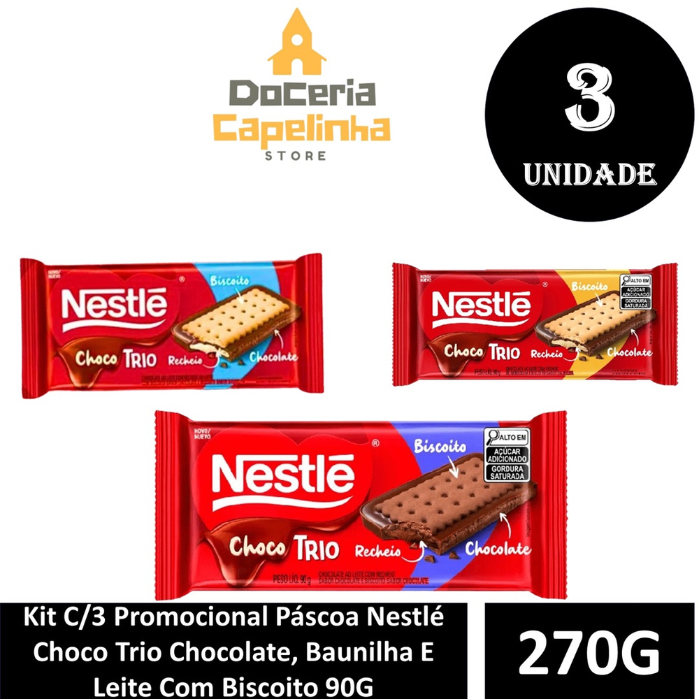 Kit C/3 Promocional Páscoa Nestlé Choco Trio Chocolate, Baunilha E Leite  Com Biscoito 90G em Promoção na Americanas