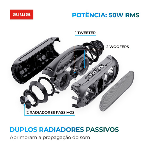 Caixa de Som Boombox aiwa Bluetooth IPX5, Luzes Multicores