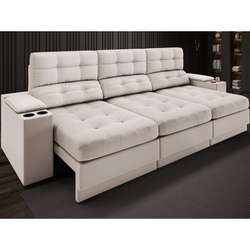 Sofá com Porta Copos e Carregador USB Eureka 2,30m Assento Retrátil e Reclinável Velosuede Areia - netsofas Menor preço em Sofá com Porta Copos e Carregador USB Eureka 2,30m Assento Retrátil e Reclinável Velosuede Areia - netsofas