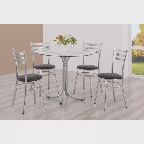 CONJUNTO MESA 4 CADEIRAS FORMATO CROMADA 1,20X0,80 COM VIDRO PRETO E CORINO  PRETO - ATACADÃO DOS ELETROS