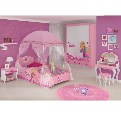 Cama com Dossel e Guarda Roupa Infantil Barbie Star 8A - Pura Magia