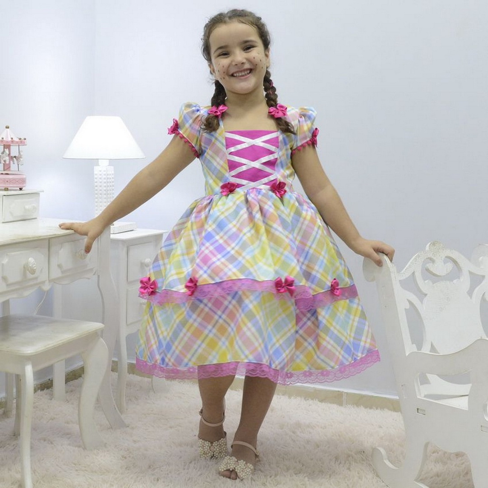 Roupa De Menina Xadrez Festa Junina Conjunto Completo 3 Peça