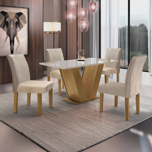 Conjunto de Mesa 10 Cadeiras Tampo MDF e Vidro Assento Estofado