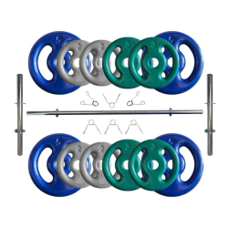 Kit Anilhas Emborrachadas 40 Kg + Barras com Presilhas Menor preço em Kit Anilhas Emborrachadas 40 Kg + Barras com Presilhas