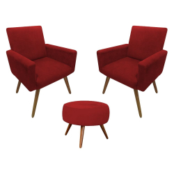 Kit 02 Poltrona Decorativa Nina + Puff Giovana Suede Vermelho Menor preço em Kit 02 Poltrona Decorativa Nina + Puff Giovana Suede Vermelho